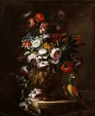 Still life of flowers and metal vase decorated with parrot by Nicola Casissa, The painting bears the signature on the marble base of the vase: "N. CASISSA F[...]". The canvas bears on the, offered Oct 2024