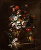 Nicola Casissa, Still life of flowers and metal vase decorated with parrot, The painting bears the signature on the marble base of the vase: "N. CASISSA F[...]". The canvas bears on the