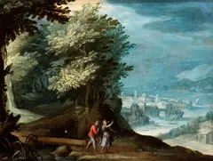 Paul Bril, Landscape with a couple of travellers and a small town in the background, Oil on copper