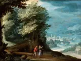 Paul Bril, Landscape with a couple of travellers and a small town in the background, Oil on copper