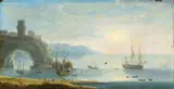 Orazio Grevenbroeck, Coastal landscape with boats and village, Oil on copper
