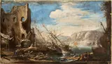Salvator Rosa, Capriccio costiero con ruderi, imbarcazioni e figure, Oil on canvas