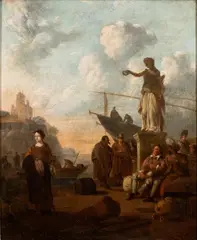 Wigerus Vitringa, Port scene with statue, figures and boats, Oil on panel