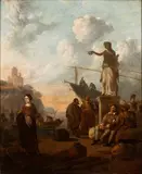 Wigerus Vitringa, Port scene with statue, figures and boats, Oil on panel