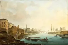 Town view with river, boats and bridge in the background by Hendrik Frans van Lint, oil on panel, offered Oct 2024