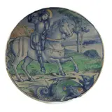 Torquato Castellani, Polychrome ceramic plate, full bottom with decoration of Saint George and the dragon. Condition: some shrinkage of the glaze during