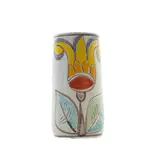 Giovanni De Simone, Polychrome ceramic vase, cylindrical in shape with decoration of vegetal elements and naive figure.