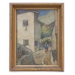 Emilio Gola, Glimpse of the village with traveller, in frame with dedication on the back.