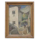 Emilio Gola, Glimpse of the village with traveller, in frame with dedication on the back.