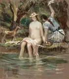 Nicola Fabbricatore, Bathers with dog, Oil on cardboard