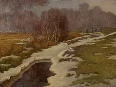 Fritz Pontini, Snowy river with bridge, 1912