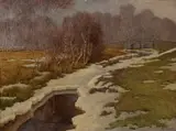 Fritz Pontini, Snowy river with bridge, 1912