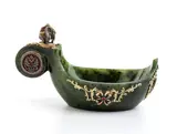 Fabergé Carl, An important nephrite jewelled and guilloché enamel kovsh, signed Fabergé, 1900, of traditional shape with nephrite giade oval bowl