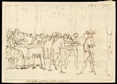 Chi tardi arriva male alloggia by Giuseppe Piattoli, Brown ink on thin laid paper with watermark, offered Apr 2024