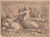 Adamo Scultori, Three putti with sea monsters, Engraving