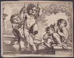 Cornelis Schut, Four naked cherubs with a swing, Etching