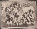 Cornelis Schut, Four naked cherubs with a swing, Etching