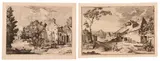 Johann Georg Hertel, Landscape with cottage along the river | Landscape with cottage and figures, Lot of two prints. Engraving and etching