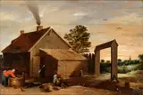 David Teniers Il Giovane, Landscape with house and farmer cleaning oyster, The painting bears the initials in the bottom left-hand corner on the well: "D.T."