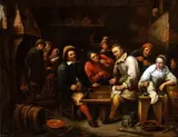 Gillis van Tilborgh, Interior of tavern with backgammon player, The painting is in original canvas.