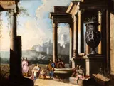 Alberto Carlieri, Architectural capriccio with baptism scene, Oil on canvas