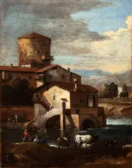 Landscape with houses, tower, river and figures by Giuseppe Zais, The painting is accompanied by an expertise by Prof. Antonio Morassi., offered Apr 2024