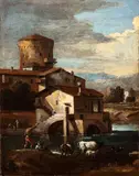 Giuseppe Zais, Landscape with houses, tower, river and figures, The painting is accompanied by an expertise by Prof. Antonio Morassi.