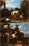 a) Landscape with shepherdess, horses and herds; b) The farrier's workshop. Pair of paintings by Pieter van Bloemen Lo Stendardo, Oil on canvas, offered Apr 2024