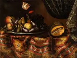 Francesco Noletti Il Maltese, Still life of fruit and flowers on a carpet, Oil on canvas