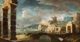 Leonardo Coccorante, Capriccio with harbour and ruins, Oil on canvas