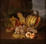 Carlo Lanfranchi, Still life of pumpkin, grapes, peaches and figs, Oil on canvas