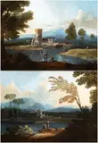 Paolo Anesi, a) Landscape with river, bridge and two fishermen; b) Landscape with river, keep and two fishermen. Pair of paintings