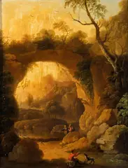 Gaspar de Witte, Landscape with rock arch, sheet of water and figures, The panel bears a wax stamp on the back in the bottom right-hand corner and traces of another stamp on the back