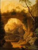 Gaspar de Witte, Landscape with rock arch, sheet of water and figures, The panel bears a wax stamp on the back in the bottom right-hand corner and traces of another stamp on the back