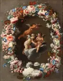 Mario Nuzzi Mario de' Fiori, Flower garland with putti, The painting is accompanied by an expertise by Prof. Giancarlo Sestieri available in photocopy.