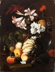 Abraham Brueghel, Still life with pumpkin, peaches and carnations, hyacinths and lilies in a pitcher, Questa brillante composizione