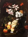 Abraham Brueghel, Still life with pumpkin, peaches and carnations, hyacinths and lilies in a pitcher, Questa brillante composizione