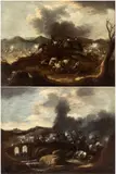 Ciriaco Parmigiani, a) Cavalry battle in an open field; b) cavalry battle near a bridge. Pair of paintings, Oil on canvas