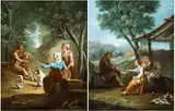 Paolo Monaldi, a) Landscape with peasant concert; b) Landscape with peasants at work. Pair of paintings., Oil on canvas