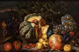 Still life with melon, pomegranates, apples and grapes by Giovanni Paolo Castelli Lo spadino, Questo squisito trionfo di frutta en plein air si presenta come un esempio ideale del felice interscambio che, offered Apr 2024