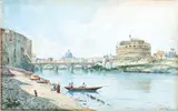 Adelchi De Grossi, View of Castel Sant'Angelo and San Pietro from the banks of the Tiber, The watercolour bears the signature in the bottom right-hand corner: "A. DE GROSSI / ROMA".