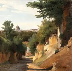 View of San Pietro from Via del Passo Oscuro by Gabriel Prieur, The painting is signed at lower right: "G. PRIEUR"., offered Apr 2024