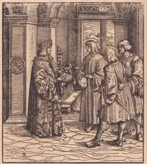 The young Weisskunig learning English from archers in the Netherlands by Hans Burgkmair il Vecchio, woodcut, offered Feb 2024
