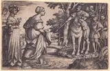 Georg Pencz, The Queen of Sheba refuses to cross the wooden bridge, 1532, engraving
