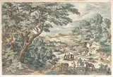 Adriaen Fransz. Boudewijns, Landscape with woods and horsemen, etching