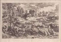 Landscape with sheep by Valentin Lefebvre, after Titian's painting. Etching, offered Feb 2024