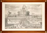 Giovanni Battista Falda, Veduta del Castello, e Ponte Sant'Angelo, abbellito, et adornato con le statue degli angeli da Papa Clemente IX, etching and engraving