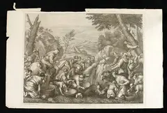 Giovanni Antonio Lorenzini, Moses strikes the rock, after Francesco Petrucci after the painting by Jacopo Bassano. Etching