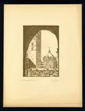 Luigi Ciani, The Market (Pistoia), woodcut