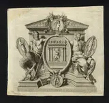 Carlo Bartolomeo Gregori, Decorative cartouche with temple and various deities, ornamental medallions and friezes, etching